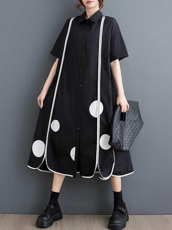 A-Line Half Sleeves Buttoned Pockets Polka-Dot Split-Front Split-Joint Lapel Midi Dresses Shirt Dress Product Image