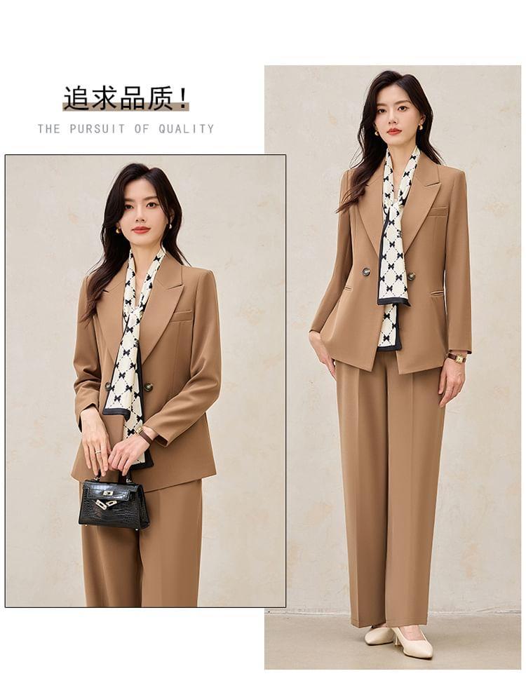 Peak Lapel Plain Double Breasted Blazer / High Rise Wide Leg Suit Pants / Set Product Image