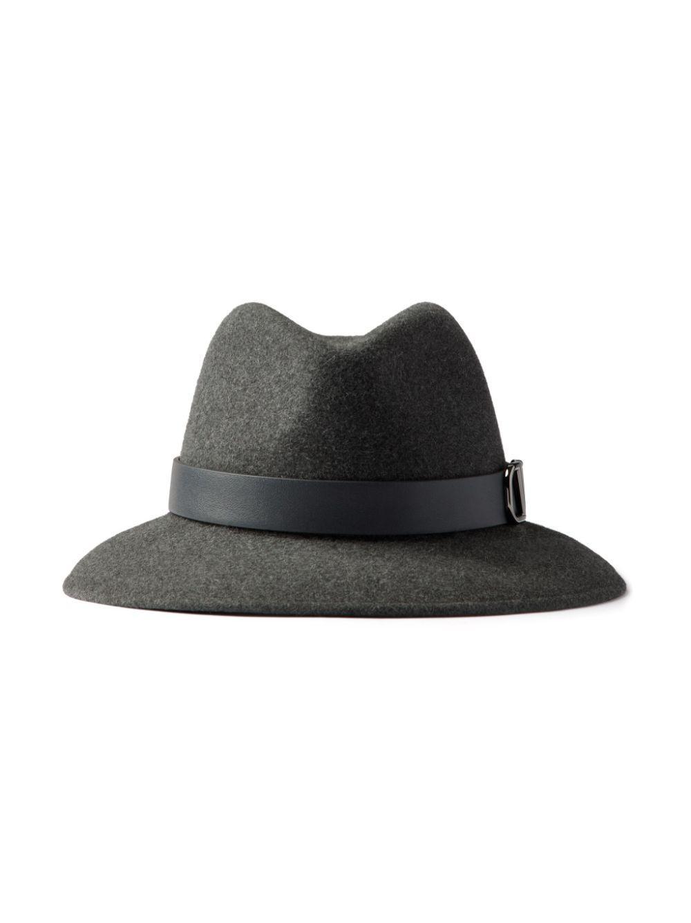 VALENTINO GARAVANI Vlogo Signature Rabbit Fur And Leather Fedora Hat Woman Dark Grey 58 Product Image