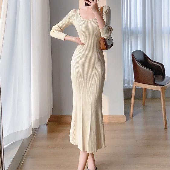 Long-Sleeve Square Neck Plain Ribbed Midi Mermaid Knit Dress Product Image