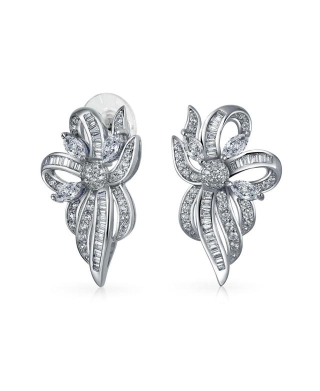 Bling Jewelry Victorian Holiday Style Cocktail Clear Ribbon baguette Cubic Zirconia Cz Bow Drop Stud Earrings For Women Silver Plated Product Image