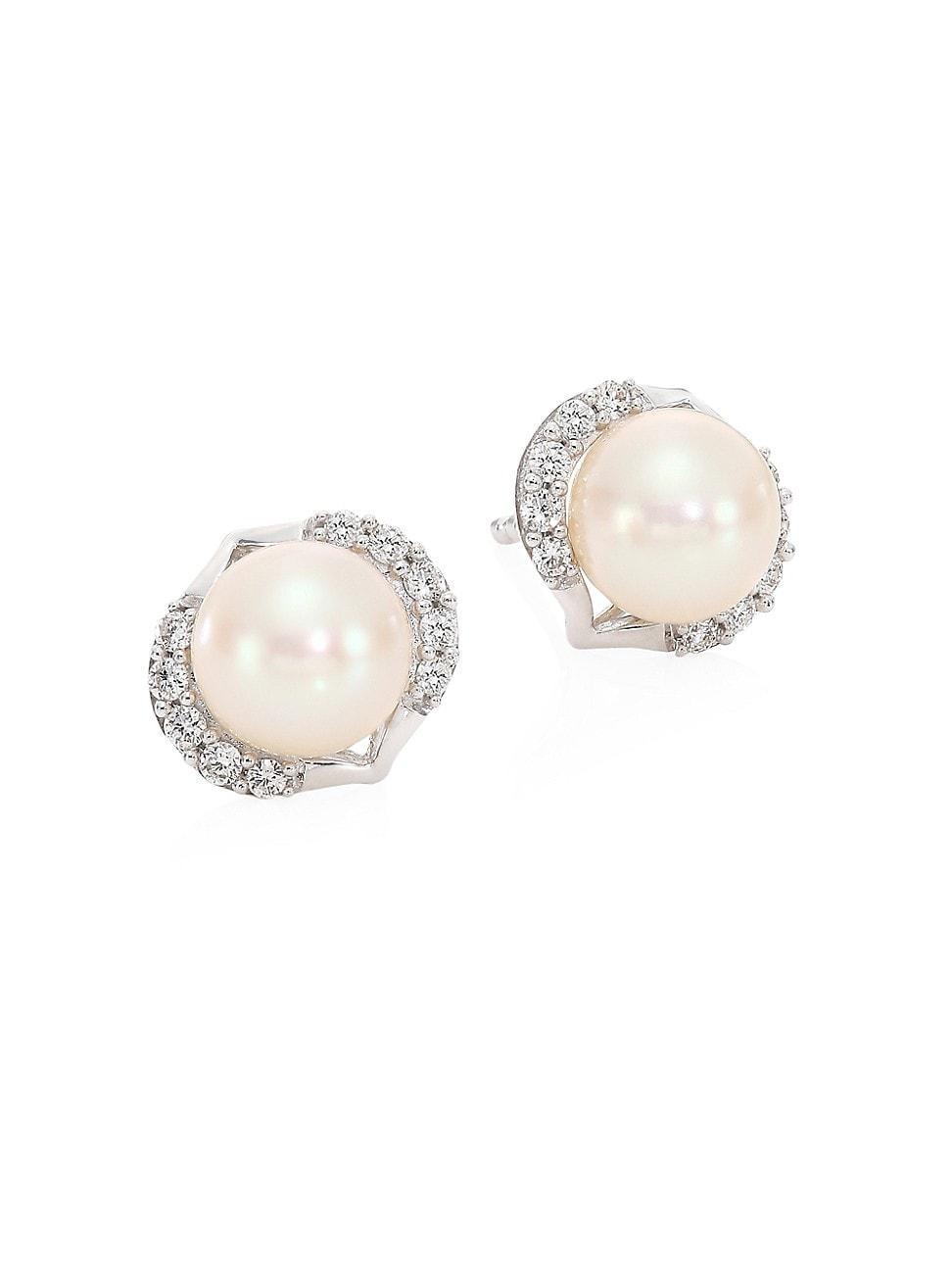 Womens 18K White Gold, Pearl & Diamond Stud Earrings Product Image