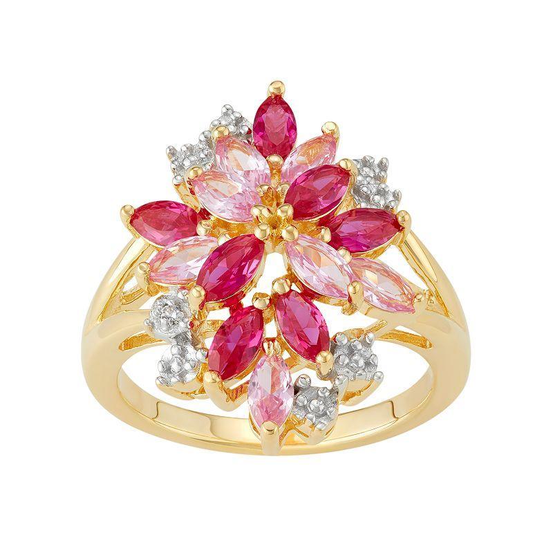 14k Gold Over Silver Lab-Created Ruby & Sapphire Cluster Ring, Womens Gold Tone Product Image