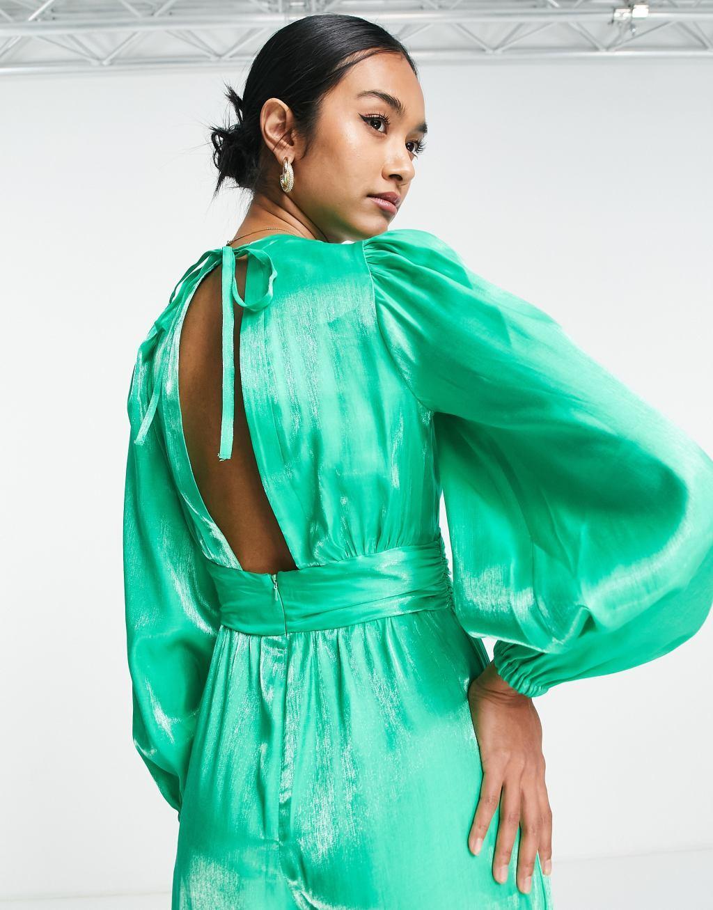 Topshop ruched waist plunge satin jumpsuit in green Product Image