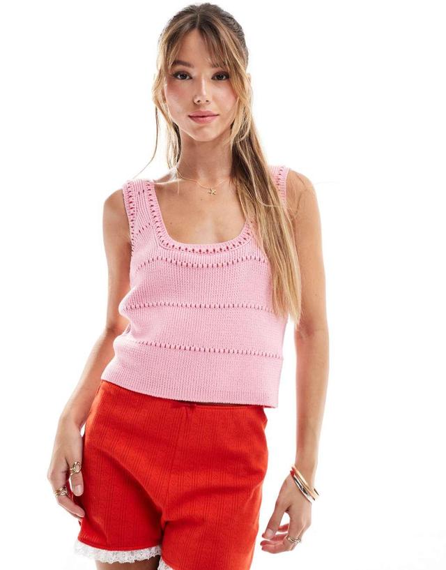 ASOS DESIGN contrast stitch square neck knit cami top in pink Product Image