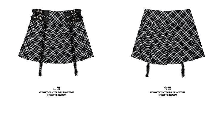 High Waist Plaid Buckled Pleated Mini A-Line Skirt Product Image