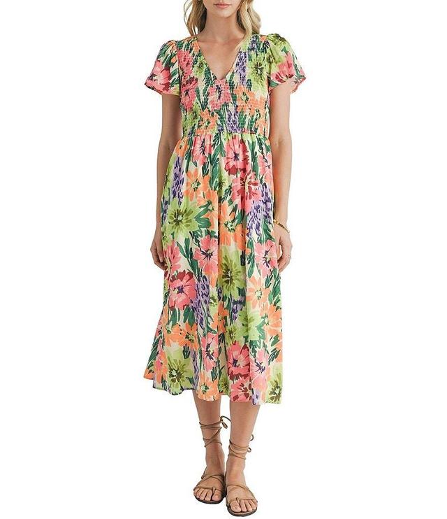 Sage The Label Festivities Smocked Floral Print V-Neck Short Sleeve Midi Dress Product Image