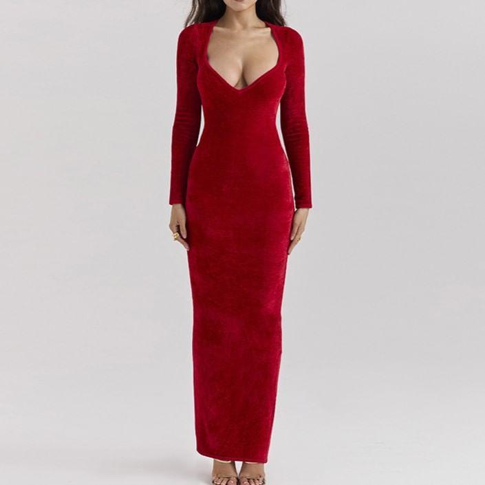 Long-Sleeve Sweetheart-Neckline Midi Velvet Bodycon Dress Product Image