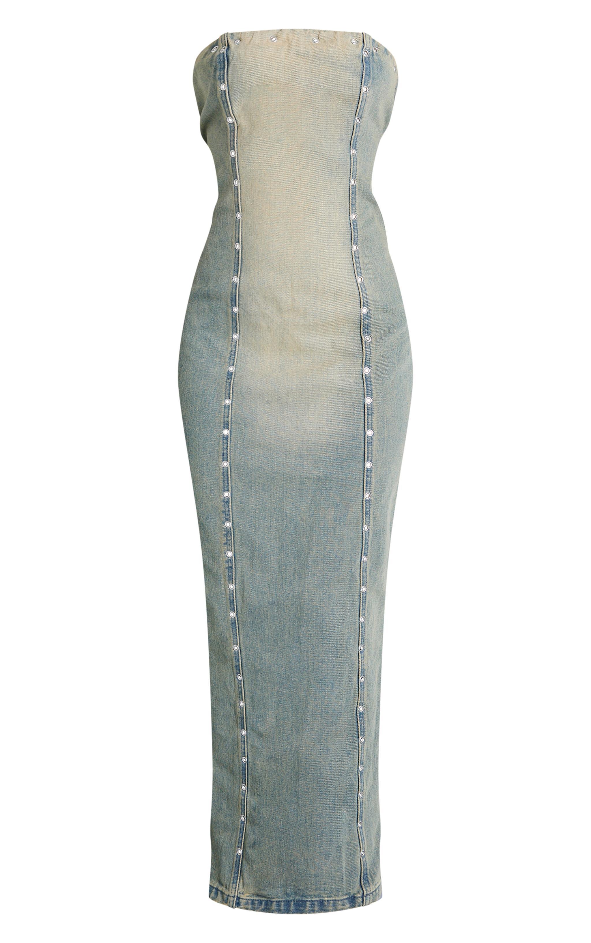 Petite Vintage Wash Eyelet Detail Denim Maxi Dress Product Image