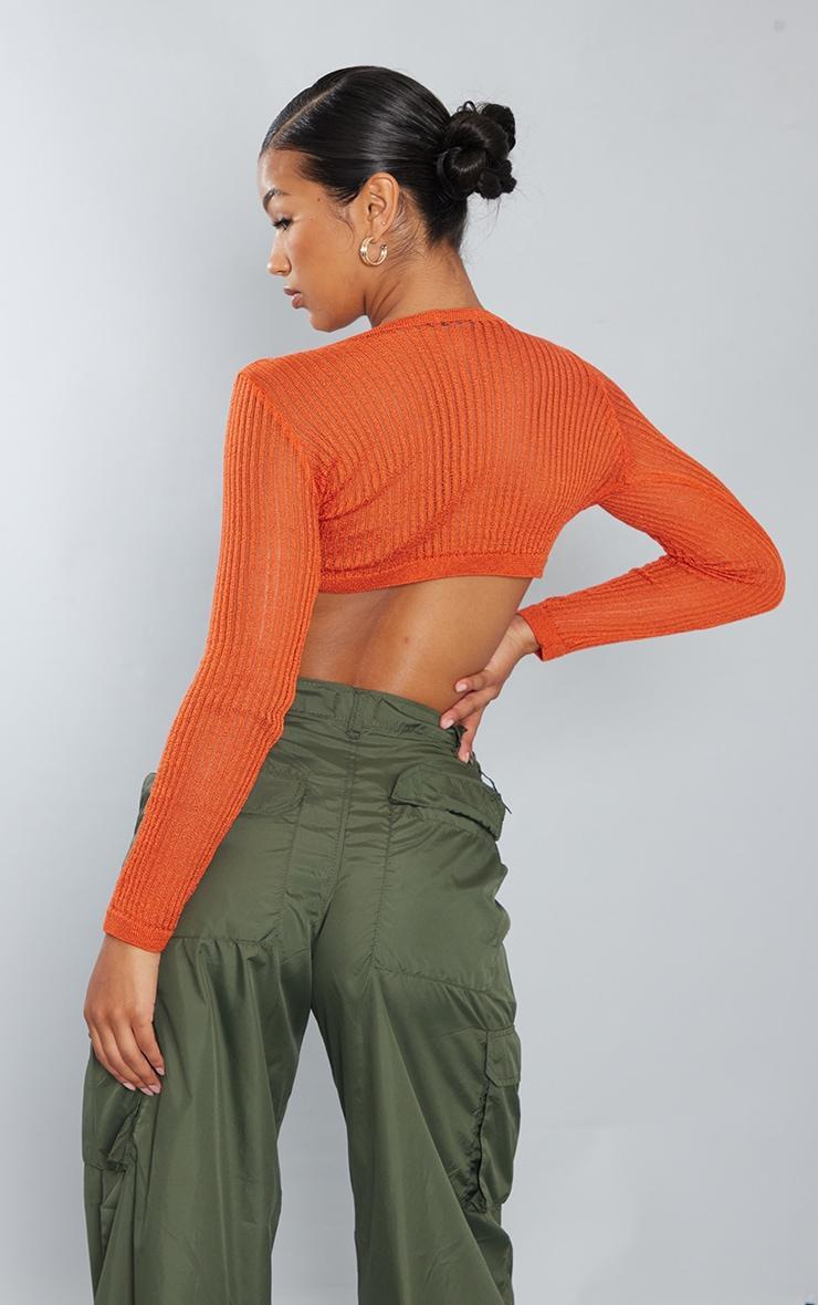 Bright Orange Fine Ladder Knitted Long Sleeve Crop Top Product Image