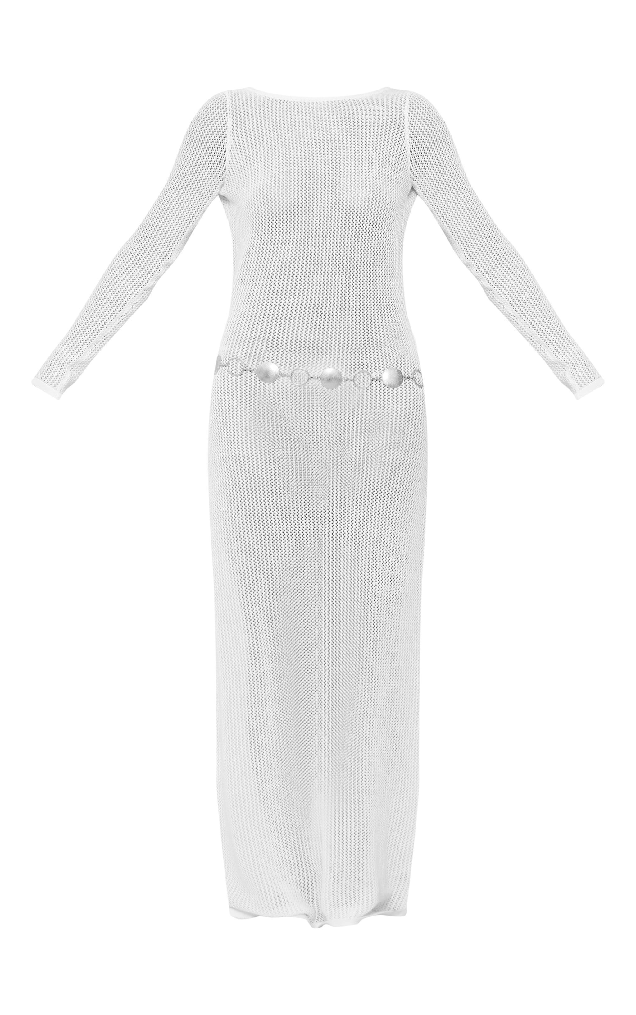 White Basic Crochet Knit Open Back Maxi Dress Product Image