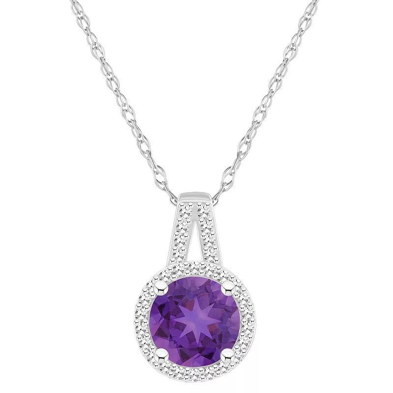 Celebration Gems Sterling Silver 7 mm Round Gemstone & 1/8 Carat T.W. Diamond Halo Pendant Necklace, Womens Purple Product Image