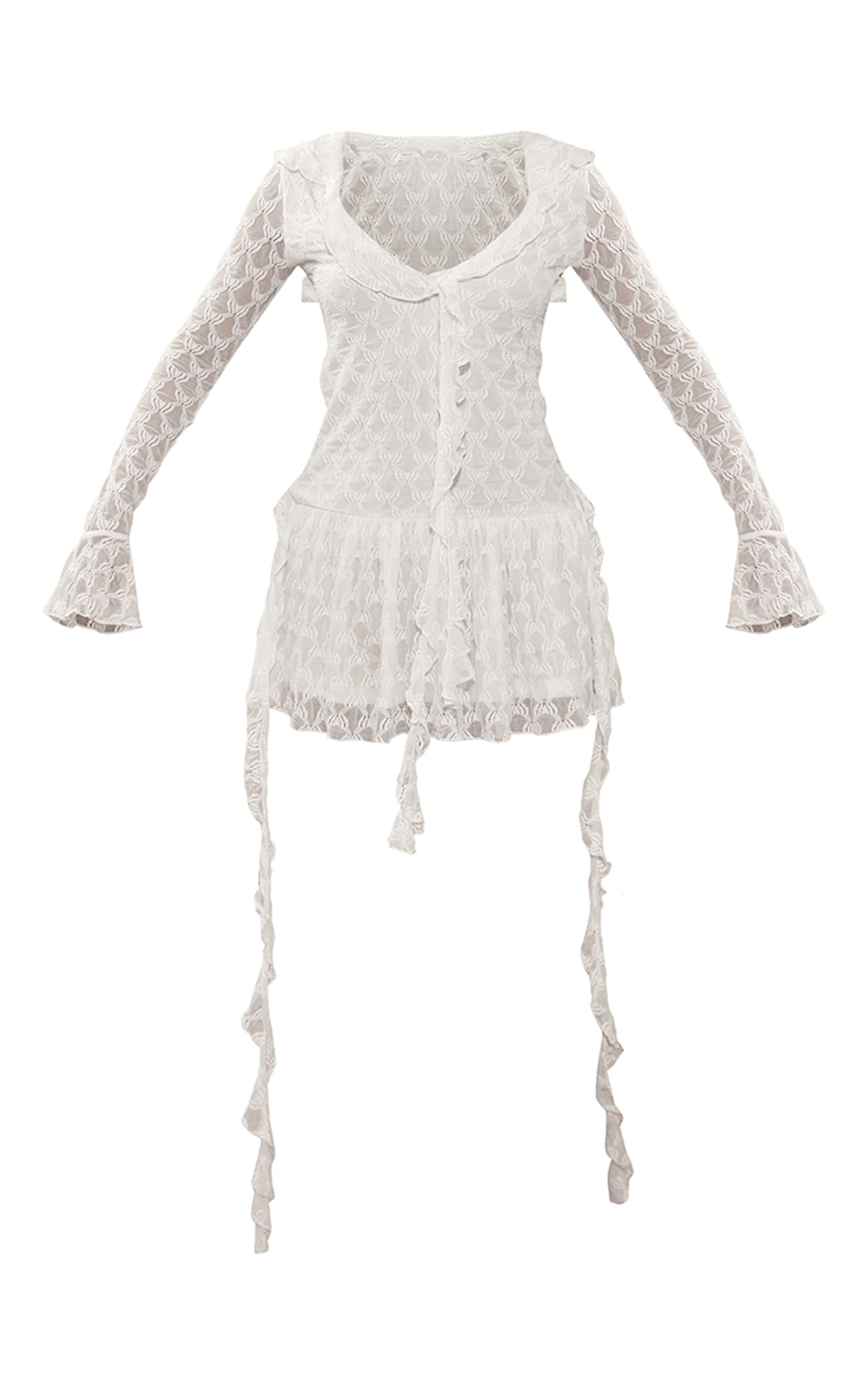 White Textured Lace Up Frill Drape Shift Dress Product Image