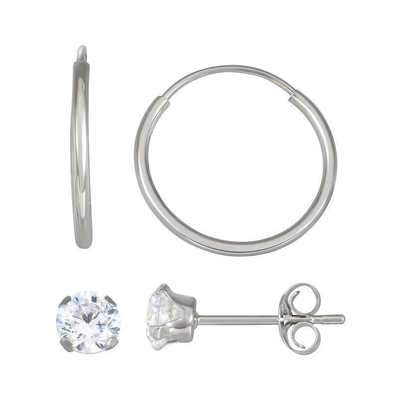 Taylor Grace 10k White Gold Endless Hoop & Cubic Zirconia Stud Earring Set, Womens Product Image