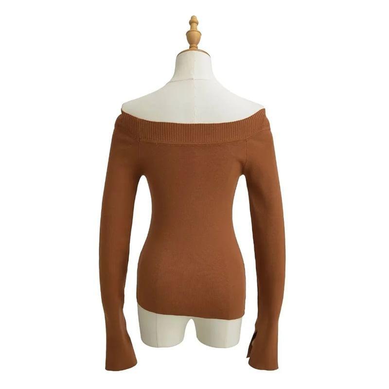 Long Sleeve Boat Neck Plain Asymmetrical Knit Top Product Image