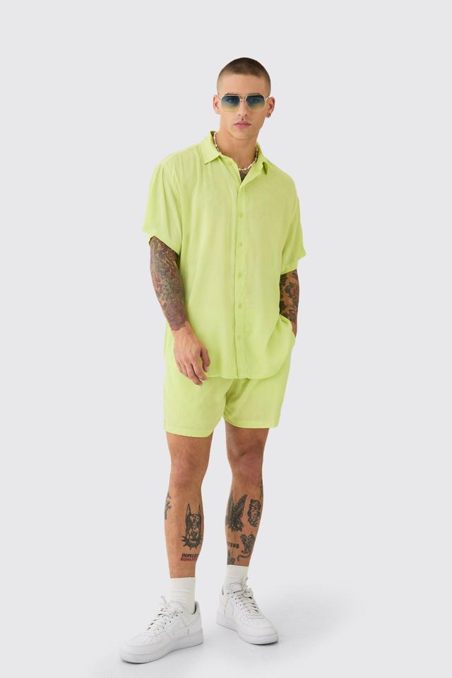 Oversized Short Sleeve Cheese Cloth Shirt And Short Set | boohooMAN USA Product Image