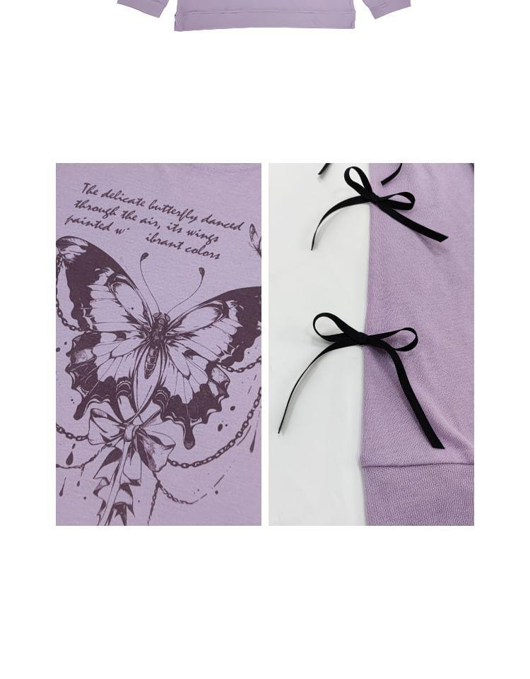 Long-Sleeve Round Neck Butterfly Print Bow Accent T-Shirt Product Image