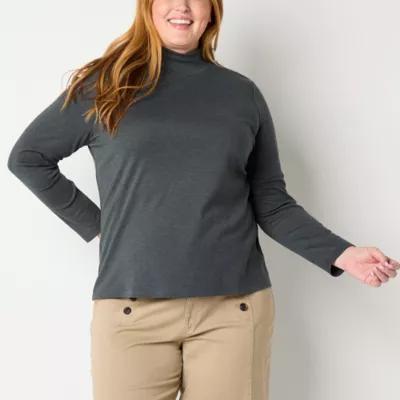 St. John's Bay Womens Plus Mock Neck Long Sleeve T-Shirt Product Image