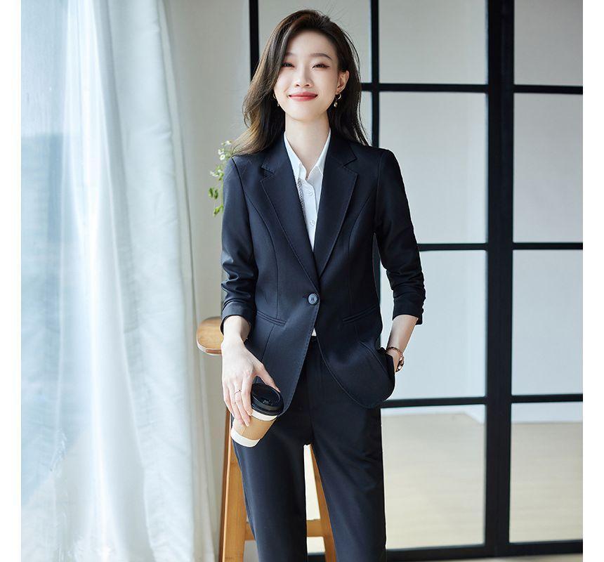 Plain Single-Button Blazer / Shirt / Straight Leg Dress Pants Product Image