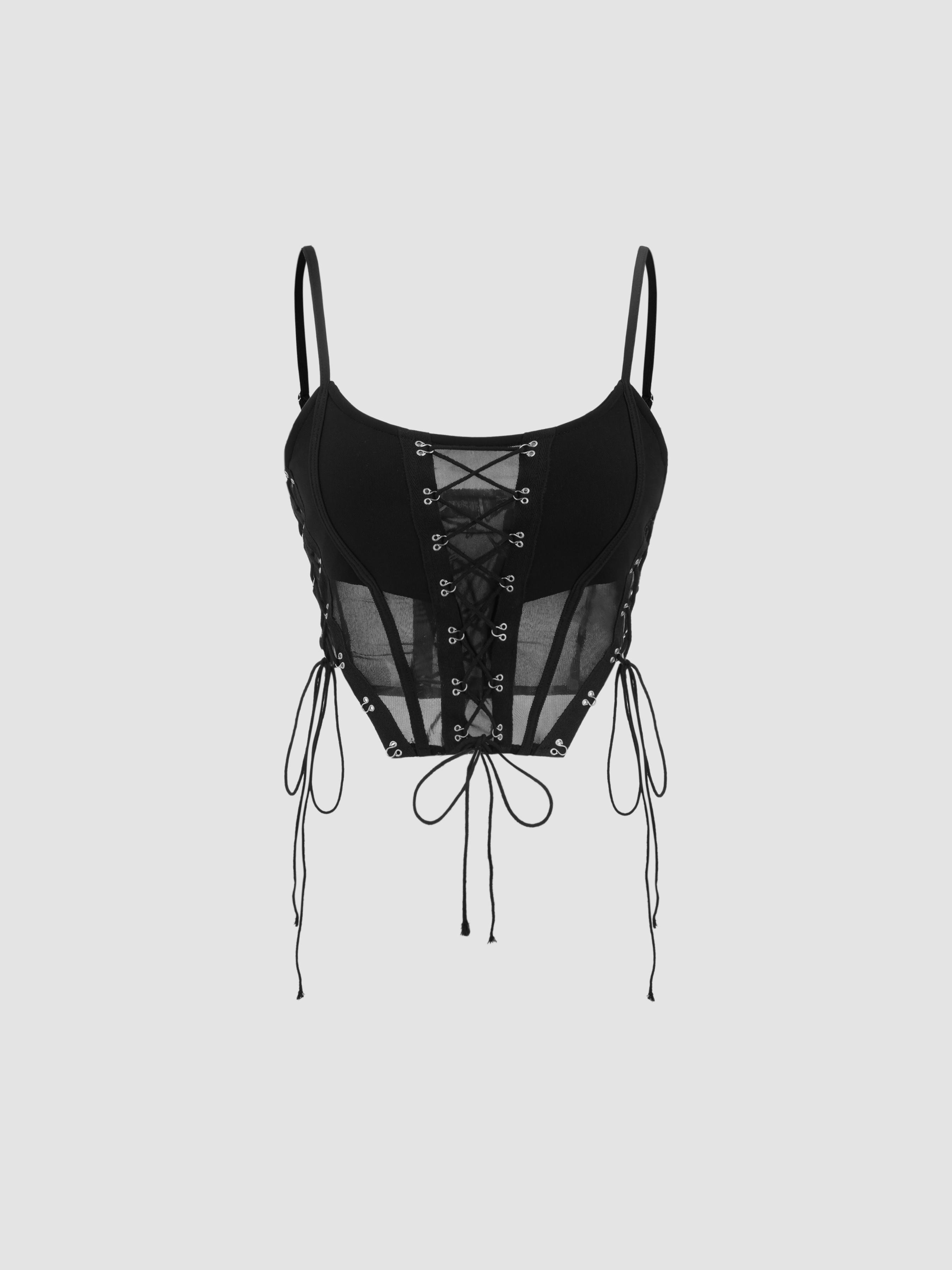 Mesh Scoop Neckline Solid Corset Lace Up Cami Crop Top Product Image