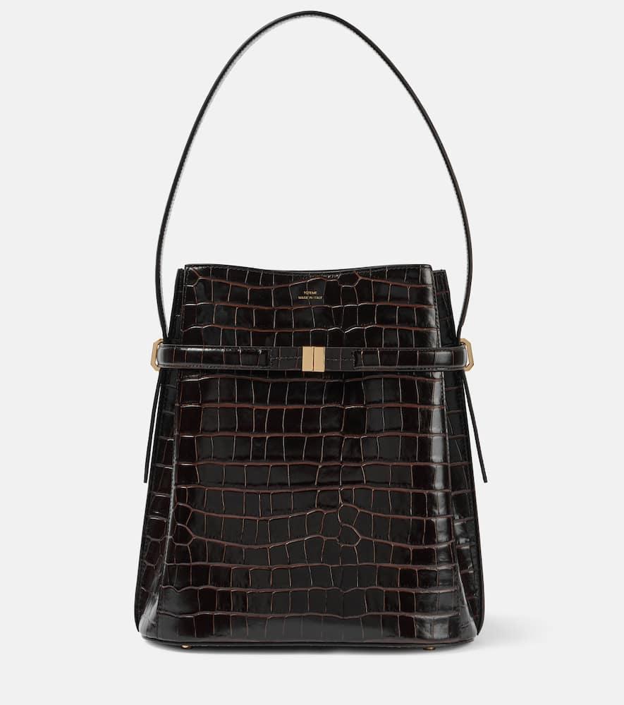 Belted Croco-embossed Bucket Bag Dark Brown Product Image