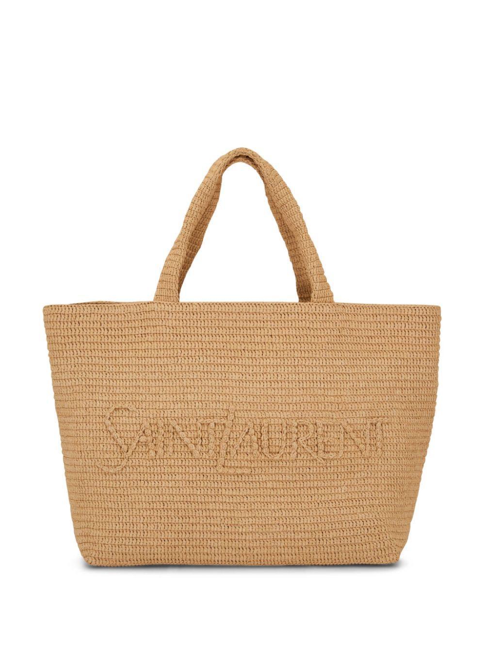 SAINT LAURENT East-west Logo Raffia Tote Bag In Beige Product Image