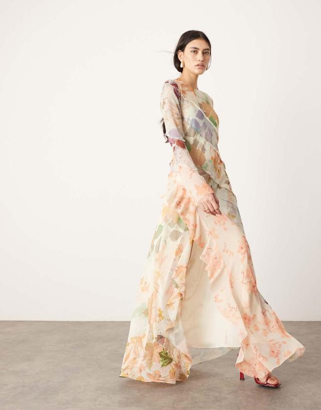 ASOS EDITION long sleeve bias cut paneled maxi dress in pink floral print Product Image