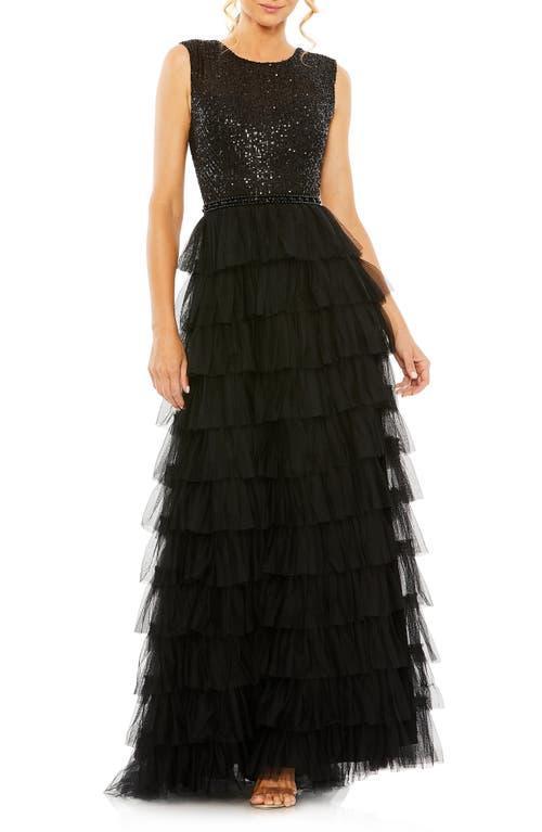 Womens Sequin Tulle Ruffled Gown Product Image