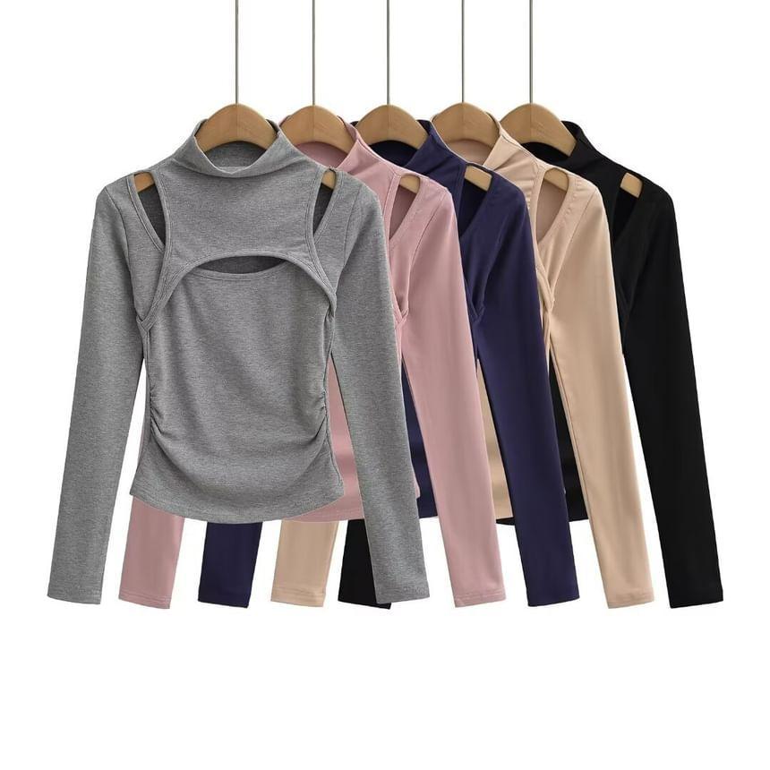 Mock Two-Piece Long-Sleeve High Neck Plain Cutout T-Shirt Product Image