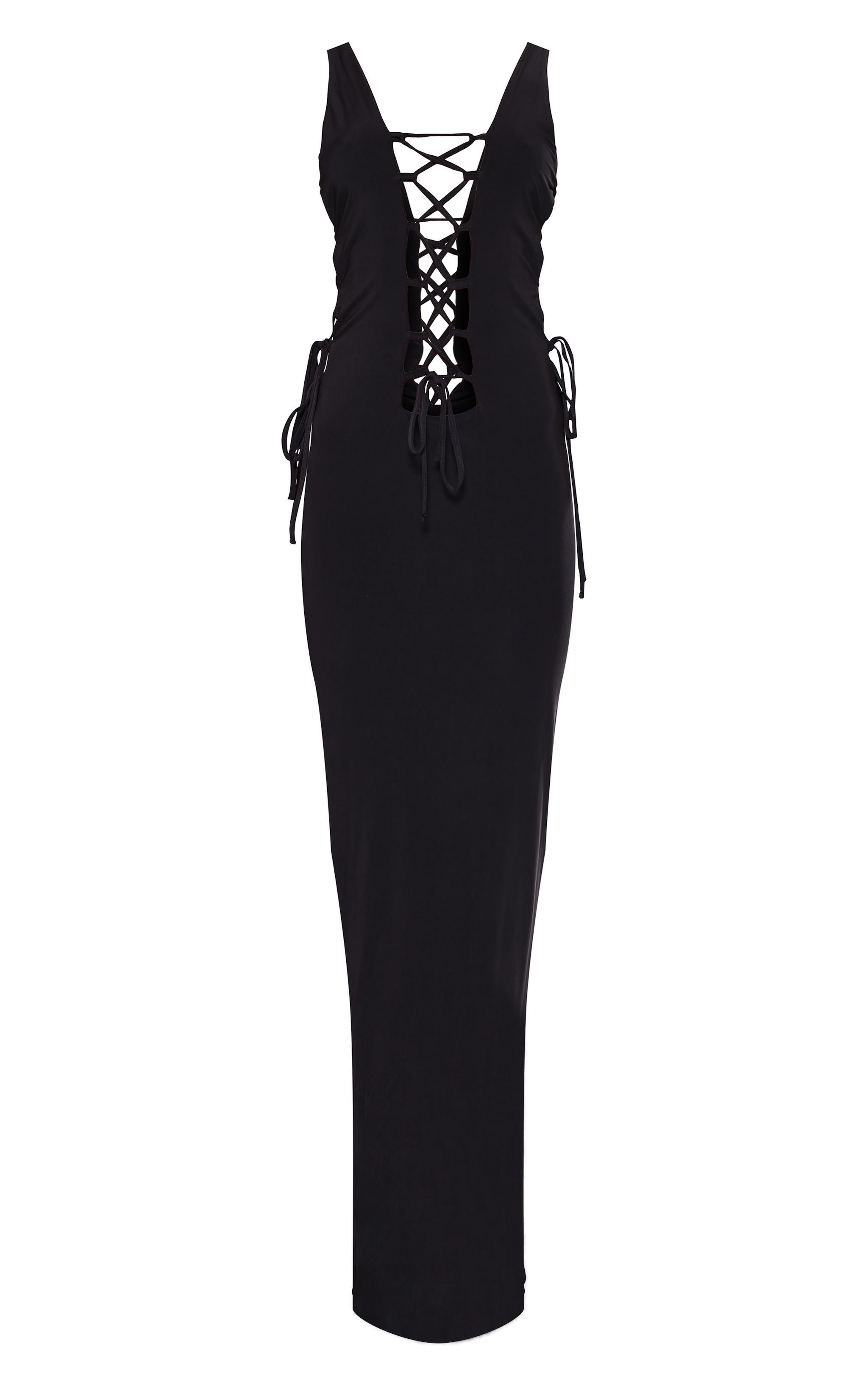 Petite Black Double Layer Lace Up Detail Maxi Dress Product Image