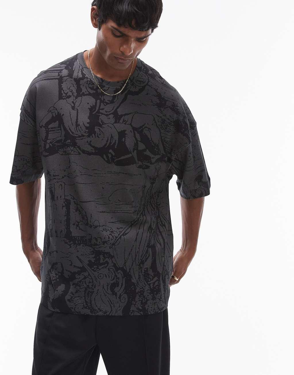 Topman premium heavyweight extreme oversized fit t-shirt with front and back medieval scene print in washed black Product Image