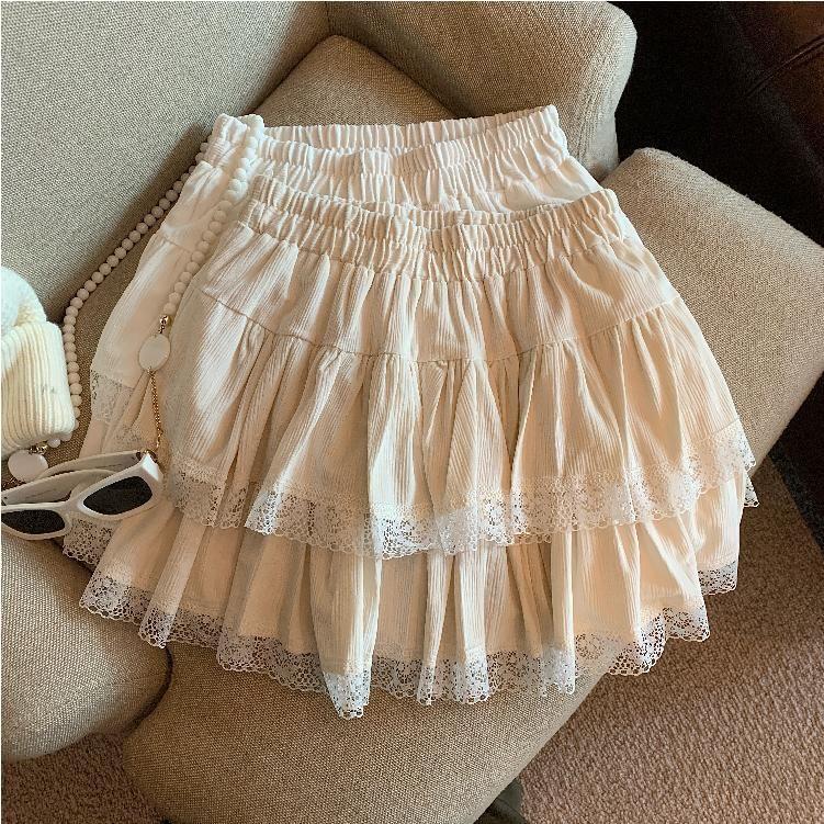 Elastic Waist Plain Tiered Lace Trim Mini A-Line Skirt Product Image