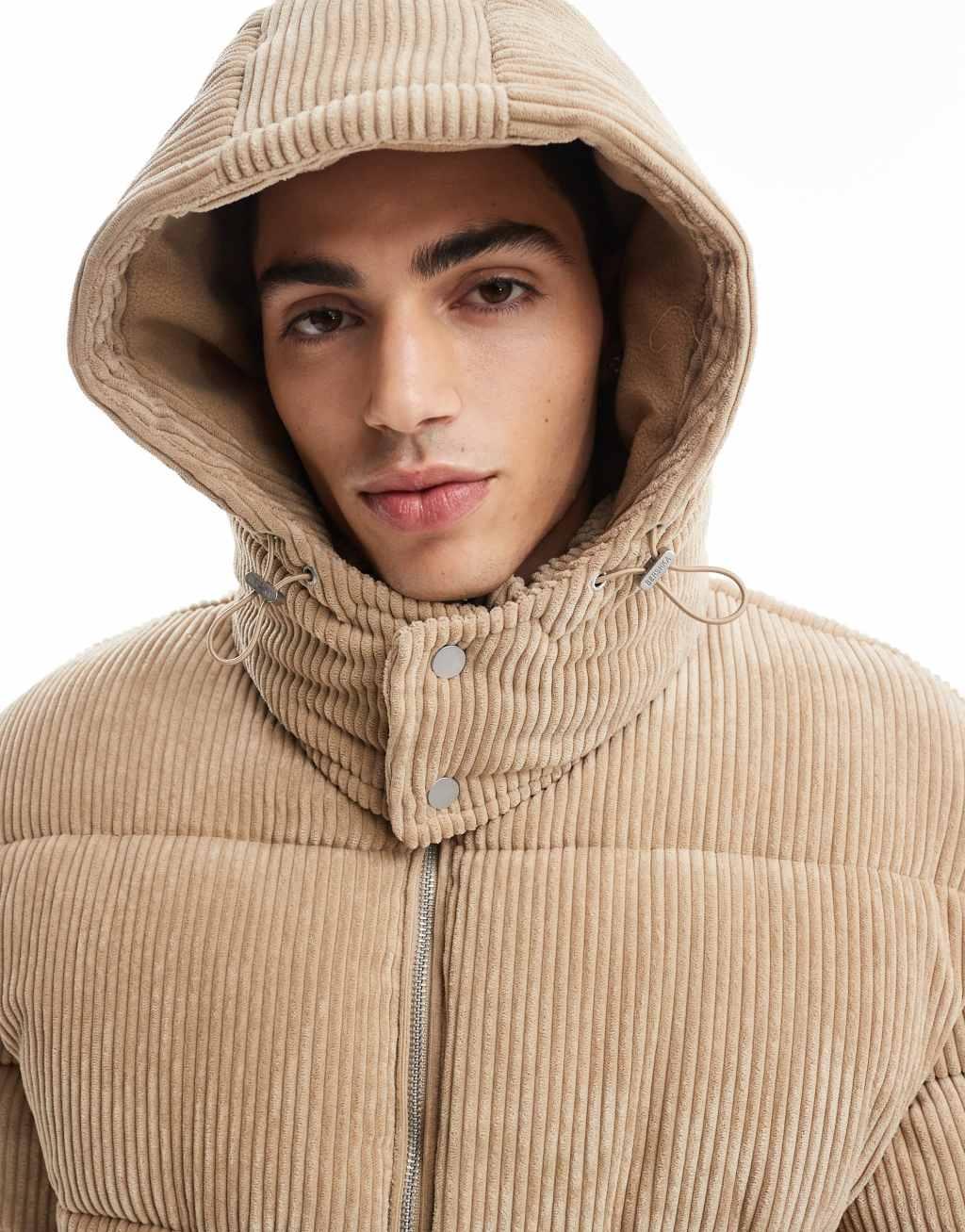 Bershka detachable hooded cord puffer coat in camel Product Image