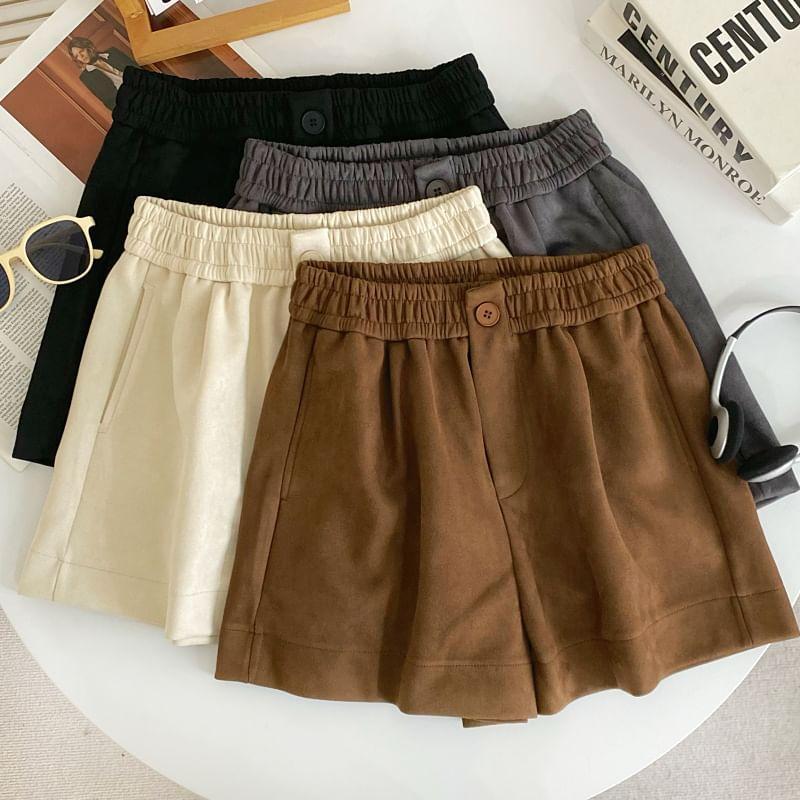 Elastic Waist Plain Faux Suede Wide Leg Shorts Product Image