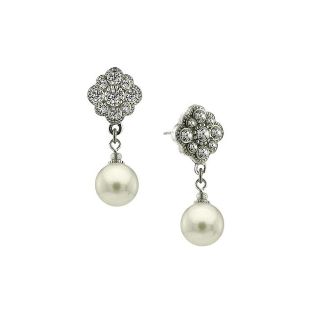 1928 Silver-Tone Simulated Crystal & Simulated Pearl Drop Earrings, Womens, Silver Tone Product Image