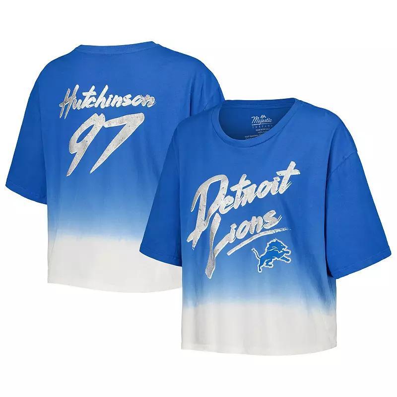 Womens Majestic Threads Aidan Hutchinson Blue Distressed Detroit Lions Dip-Dye Player Name and Number Crop Top - Blue Product Image