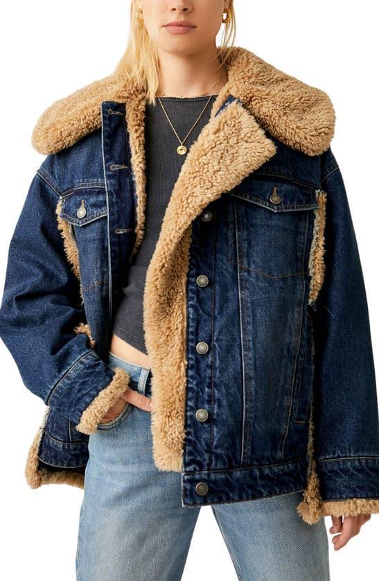 Holly Oversize Denim Jacket With Faux Fur Trim In Rinse Combo Product Image