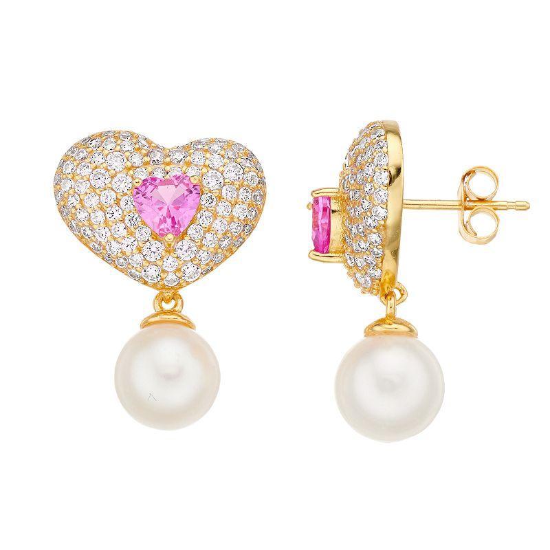 14k Gold Over Silver Cubic Zirconia & Cultured Pearl Heart Drop Earrings, Womens, Yellow Product Image