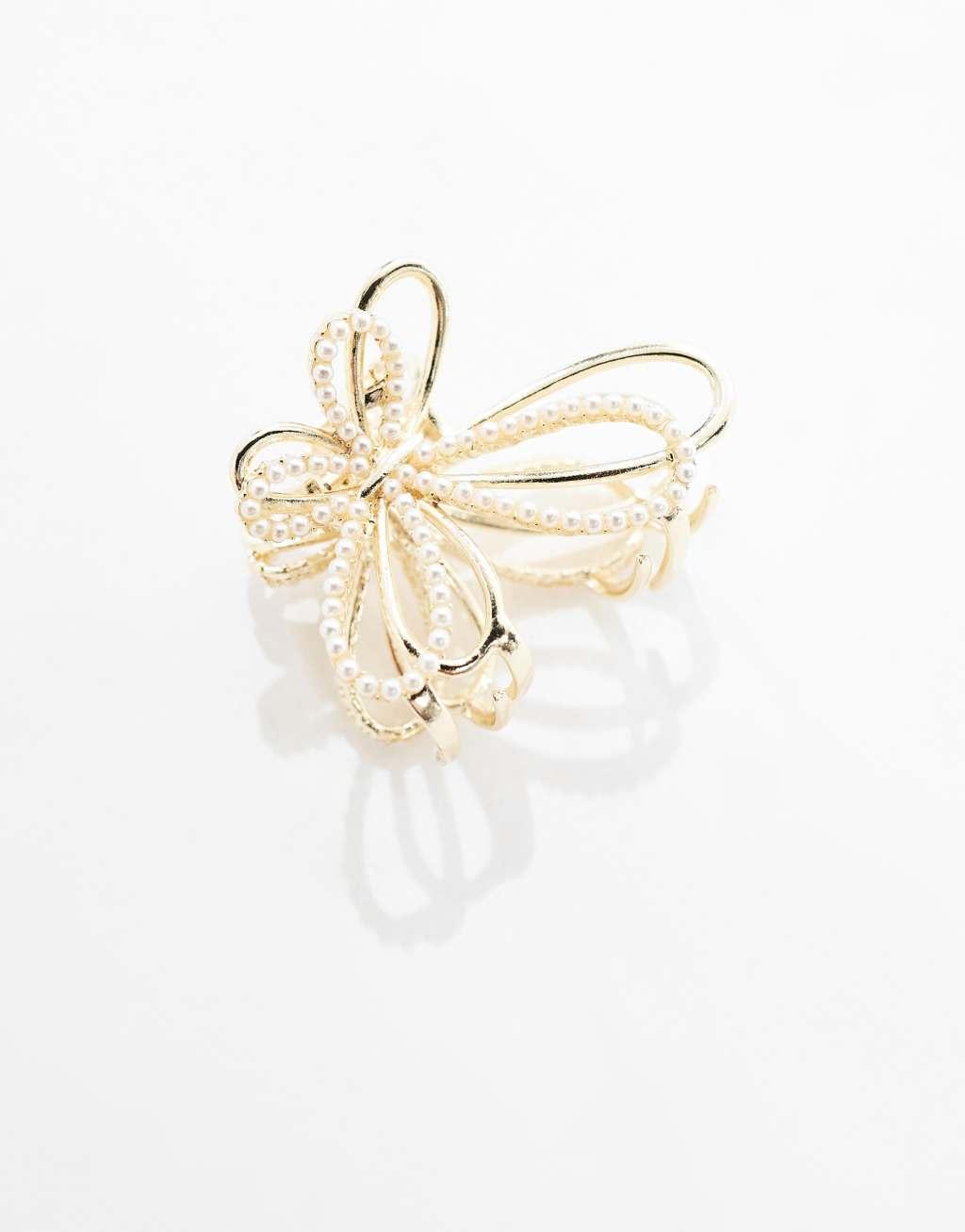 ASOS DESIGN hair claw with faux pearl butterfly design in gold tone Product Image