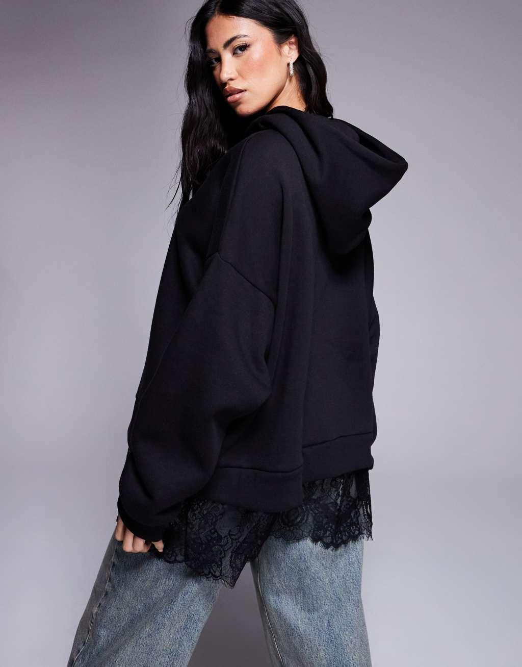 ASOS DESIGN oversized hoodie with lace insert in black Product Image