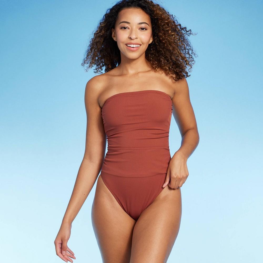 WomensShirred Ribbed Bandeau Cheeky One Piece Swimsuit - Shade & Shore Brown S: Adjustable Straps, Removable Cups Product Image