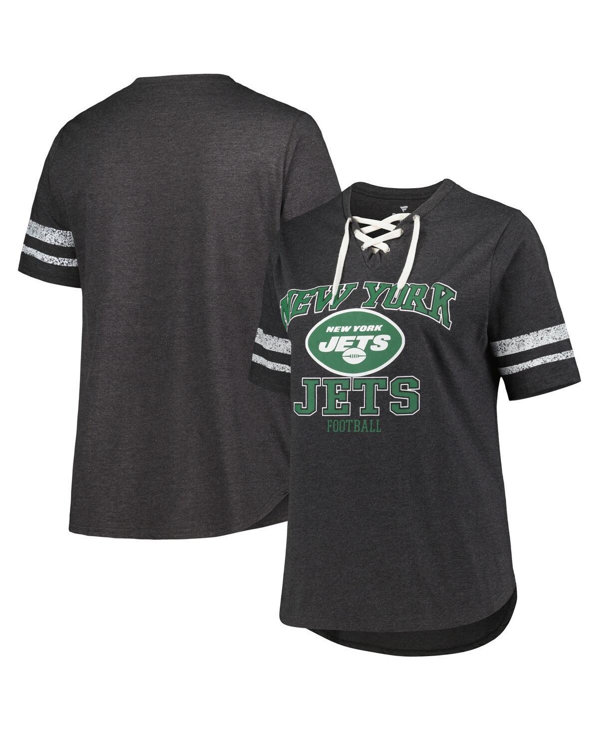 Women's Fanatics Branded Heather Charcoal New York Jets Plus Size Lace-Up V-Neck T-Shirt Product Image