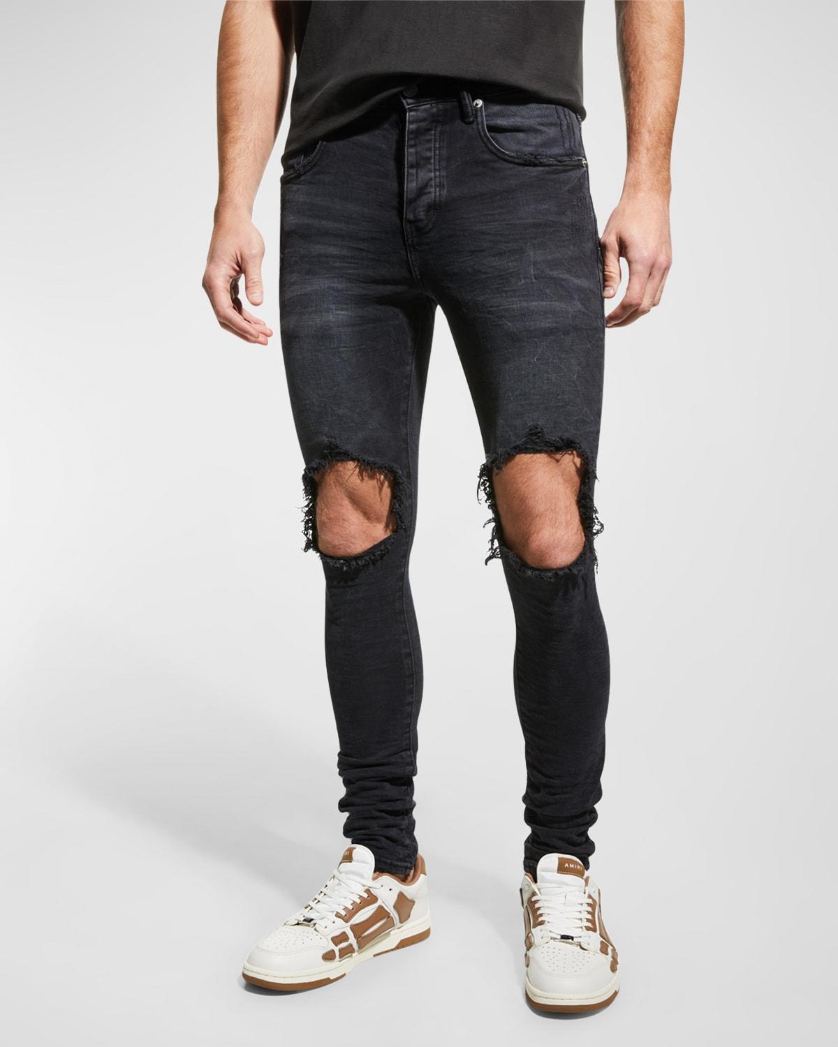 Mens P002 Blowout Knees Distressed Slim-Straight Jeans Product Image