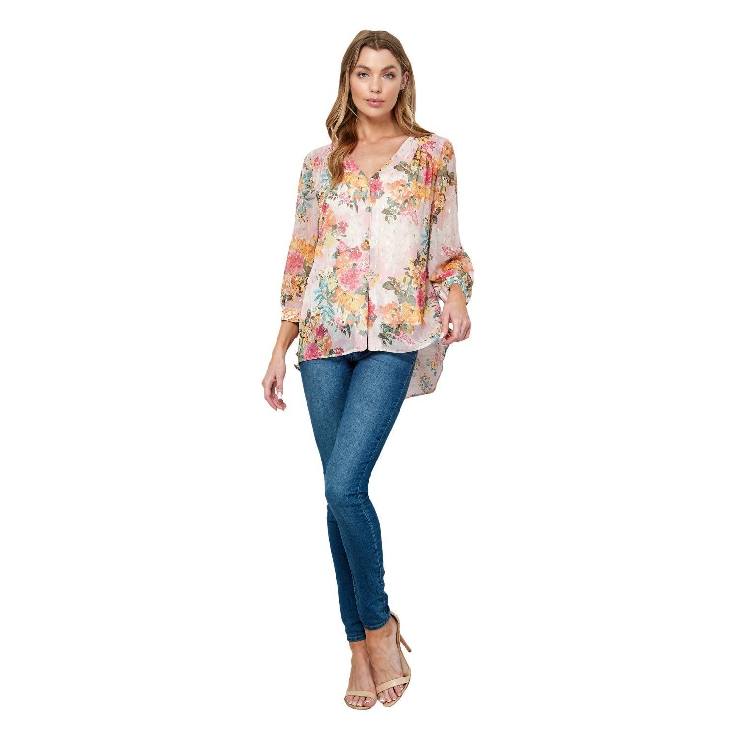 Long Sleeve V-Neck Printed Blouse Product Image