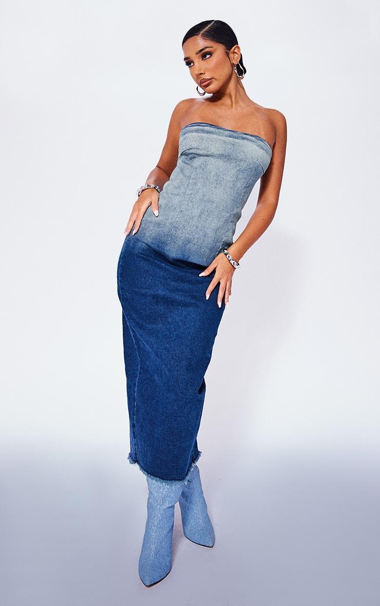 Petite Blue Washed Ombre Denim Bandeau Midaxi Dress product image