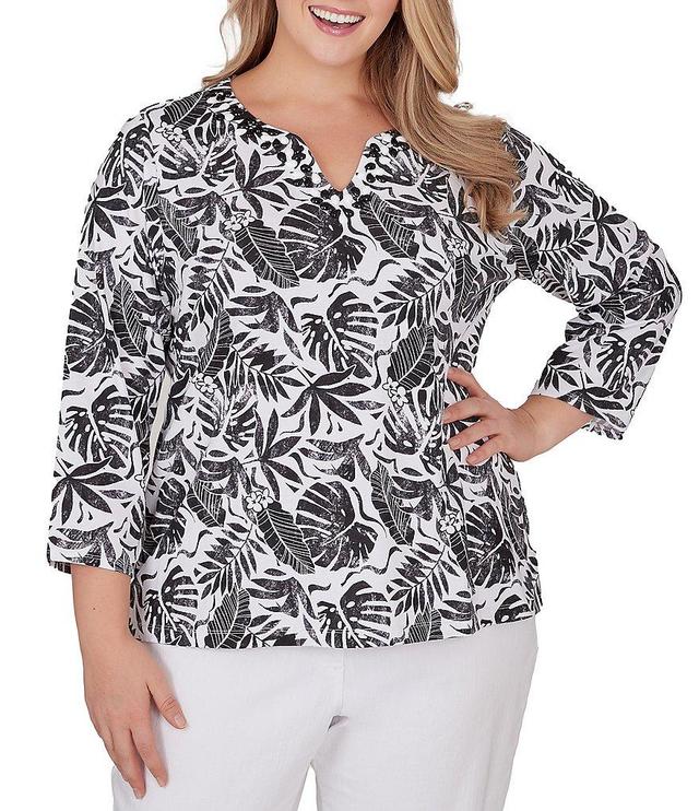 Ruby Rd. Plus Size Knit Embellished Tropical Print Split V-Neck Top Product Image