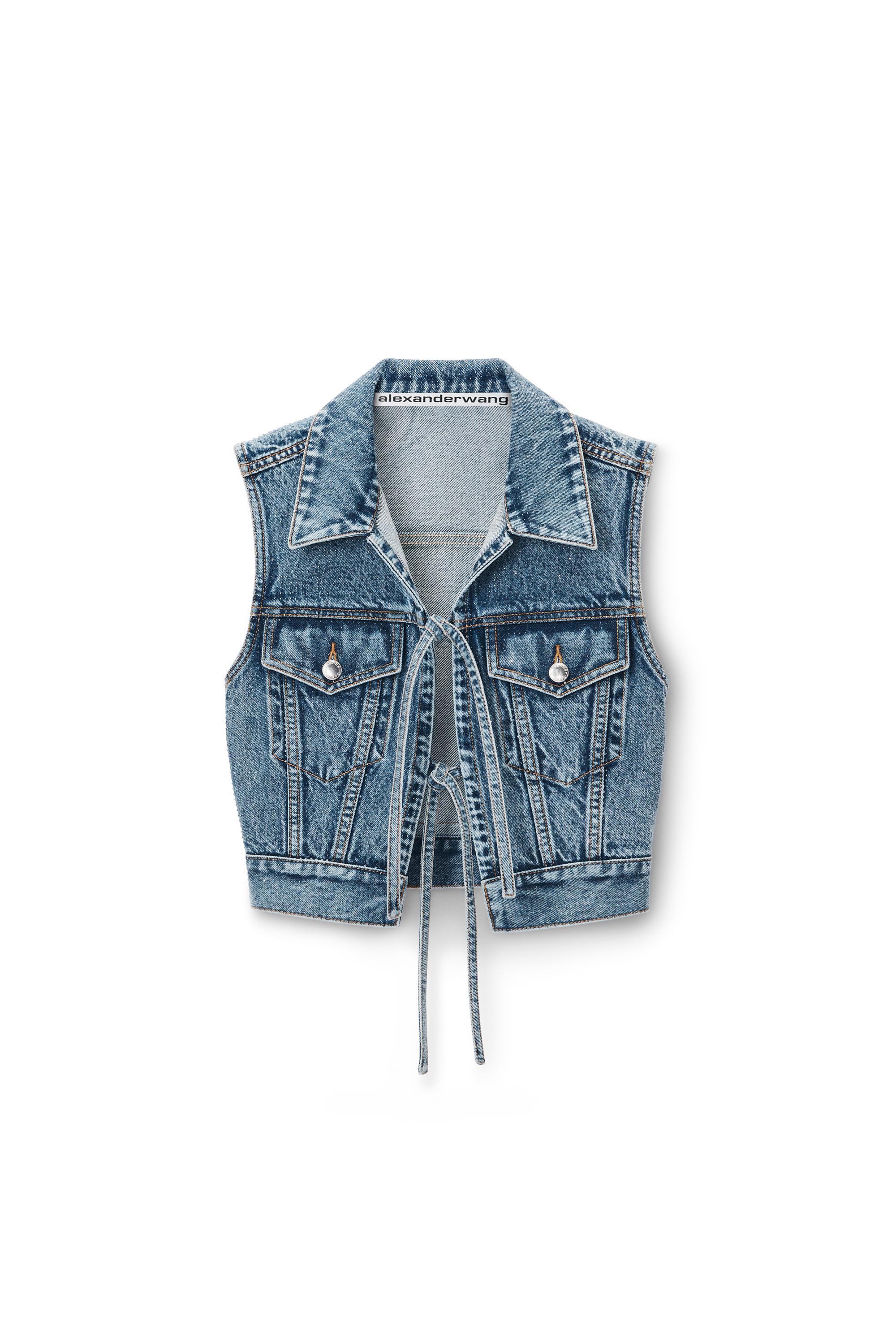 Clear Bead Hotfix Denim Vest With Tie Front Product Image