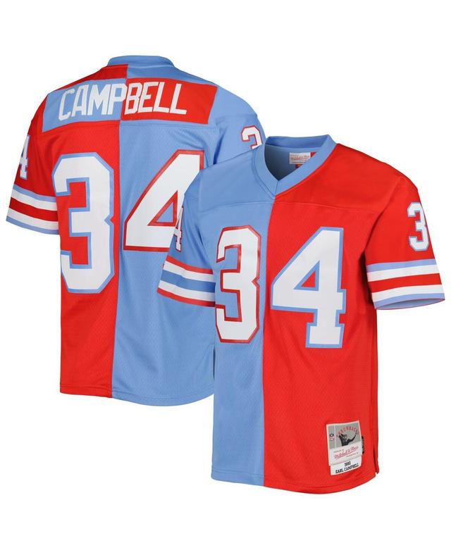 Mens Mitchell & Ness Earl Campbell Red/Light Blue Houston Oilers Gridiron Classics 1980 Split Legacy Replica Jersey Product Image