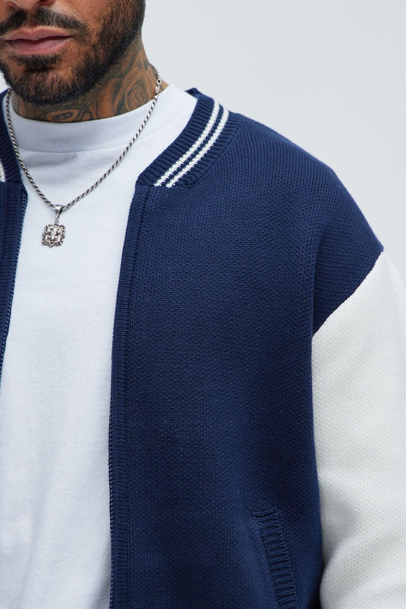 Caspian Knitted Varsity Jacket - Navy/combo Product Image