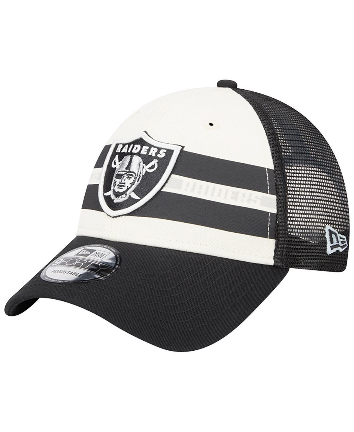 Mens New Era Cream Las Vegas Raiders Team Stripe Trucker 9FORTY Snapback Hat - Cream Product Image